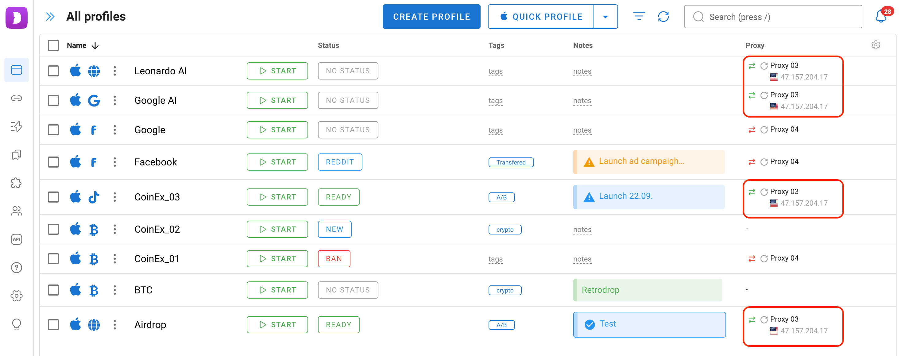 Some accounts created in Dolphin Anty can be seen connecting through the same proxy, which creates a risk of multiaccounting detection.