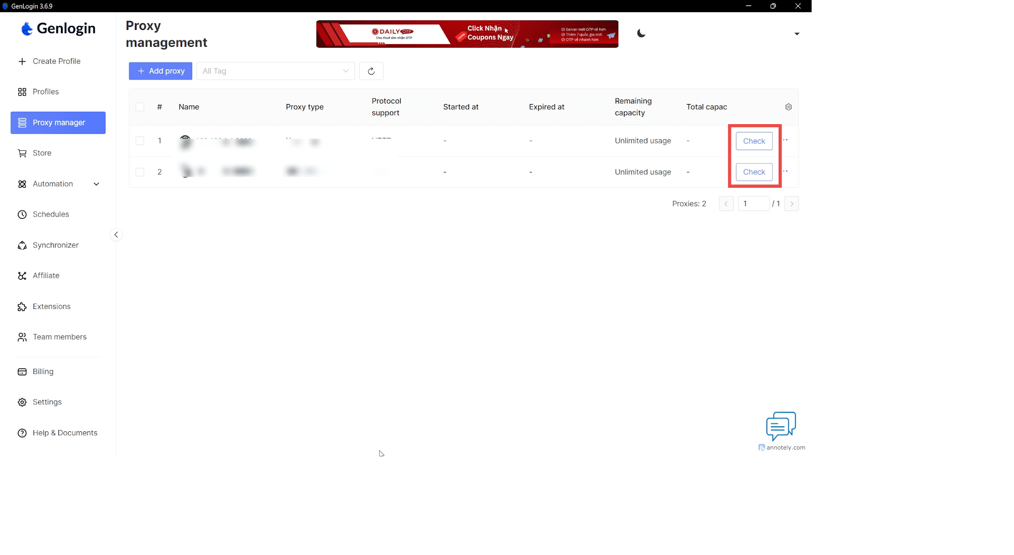 Проверка списка прокси через функцию Check в Proxy Manager Genlogin / Checking the proxy list using the Check feature in Genlogin Proxy Manager