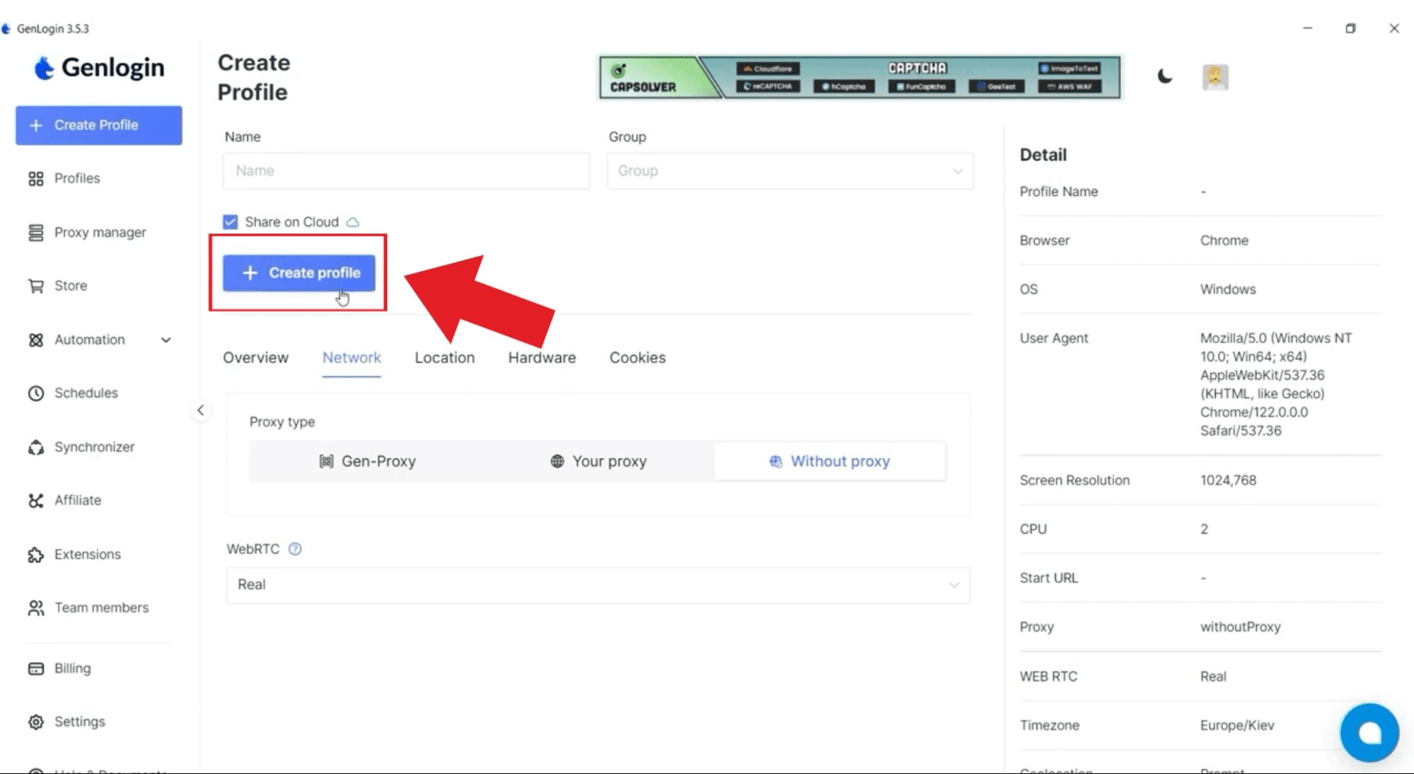 Создание нового браузерного профиля перед назначением прокси в Genlogin / Creating a new browser profile before assigning a proxy in Genlogin