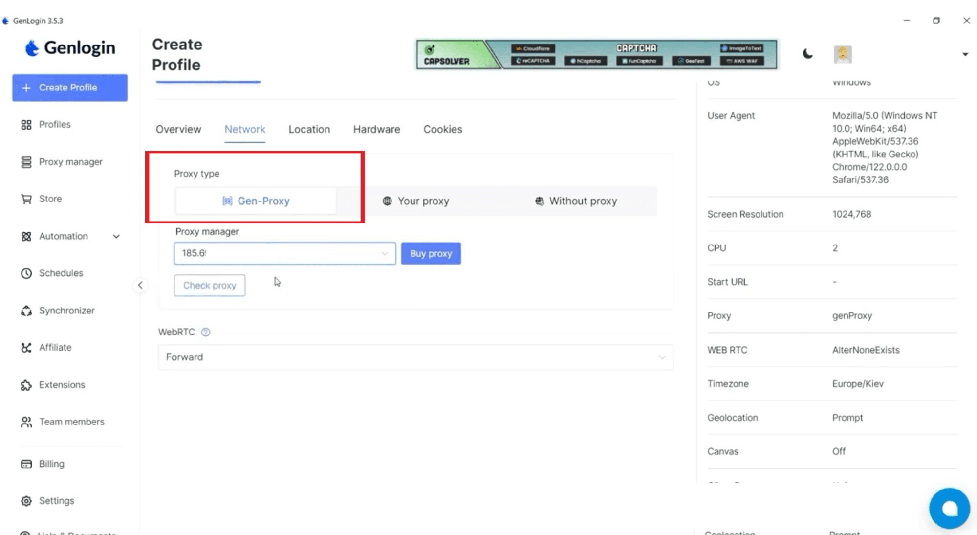 Выбор ранее добавленного прокси из списка в настройках профиля Genlogin / Selecting a previously added proxy from the list in Genlogin profile settings