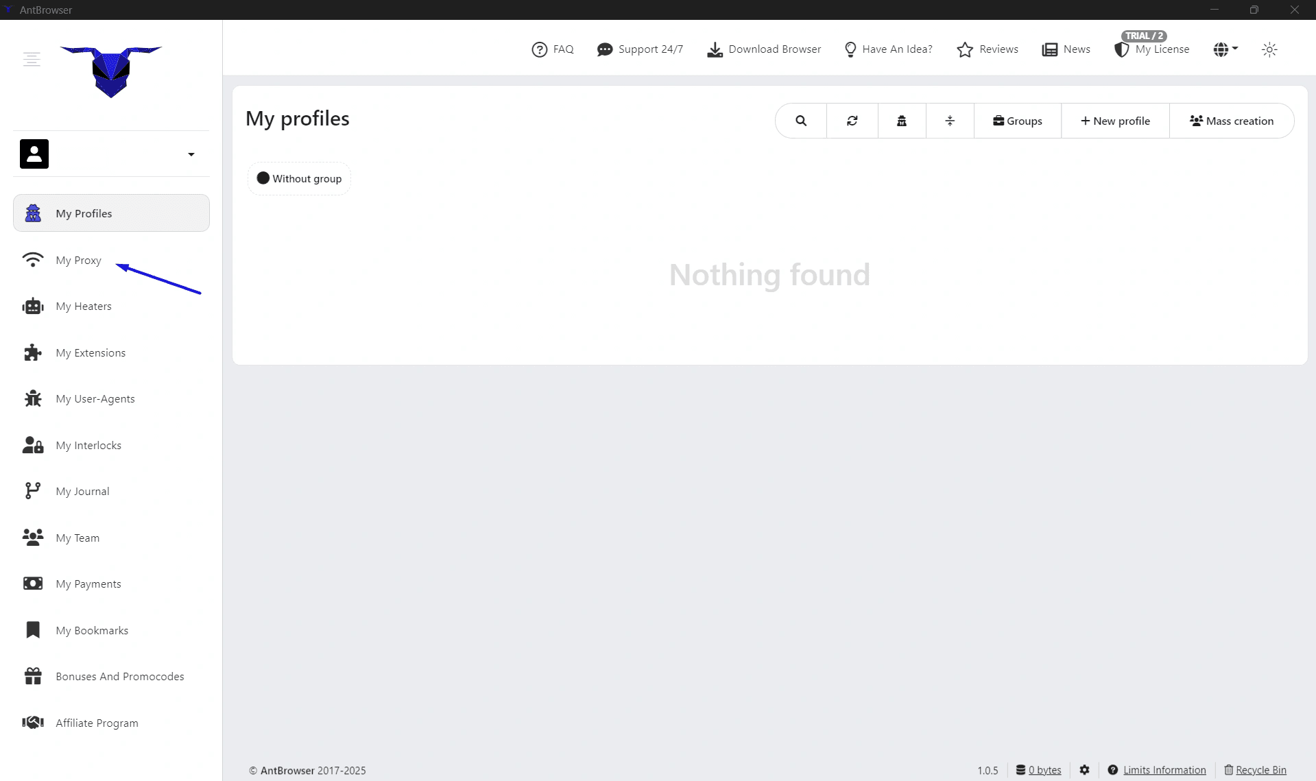 Раздел My Proxy в AntBrowser со списком сохраненных прокси / My Proxy section in AntBrowser showing a list of saved proxies