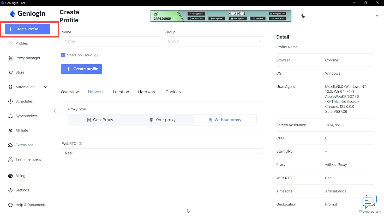 Окно создания нового браузерного профиля в Genlogin / Genlogin window for creating a new browser profile