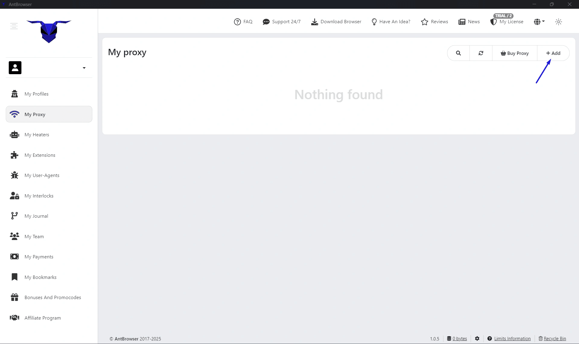Раздел My Proxy в AntBrowser с кнопкой +Add для создания нового списка прокси / My Proxy section in AntBrowser with the +Add button for creating a new proxy lis