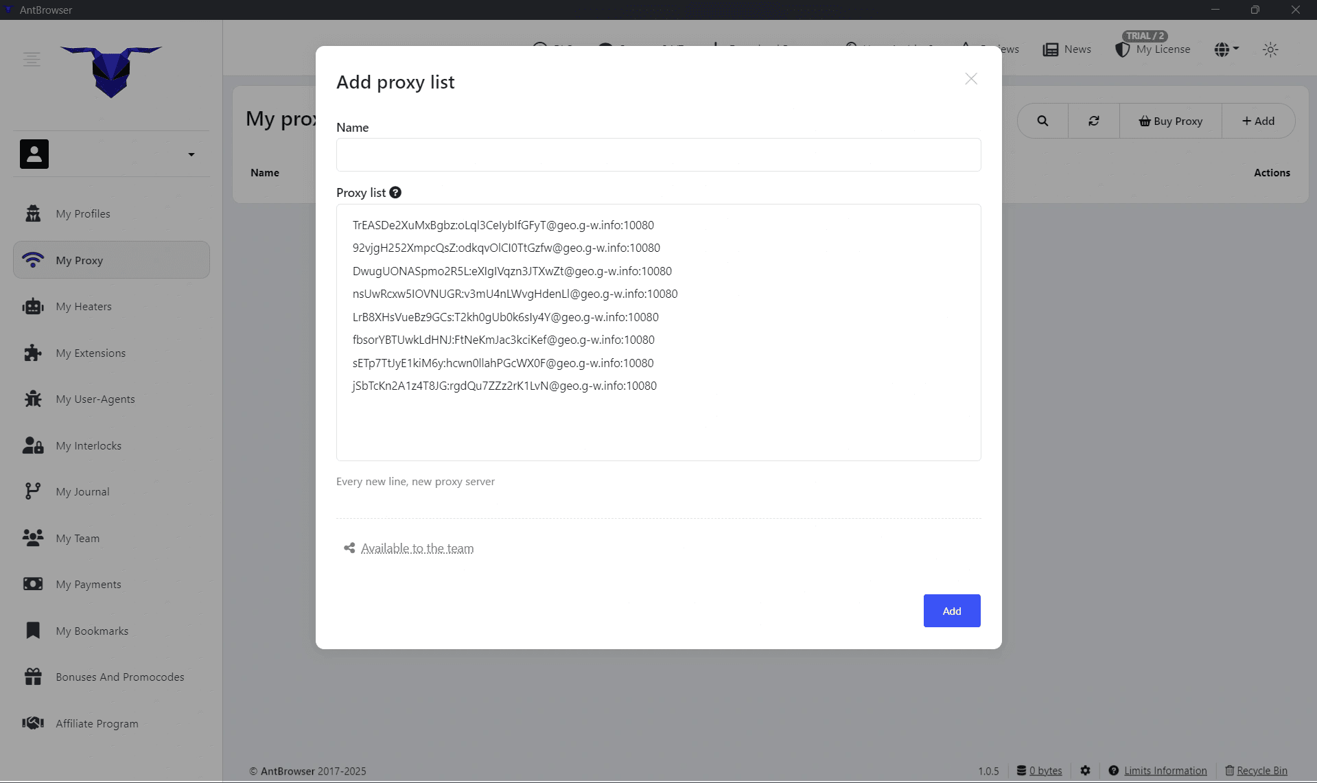 Поле импорта в AntBrowser с введенными данными прокси в поддерживаемом формате / AntBrowser import field with proxy data entered in a supported format