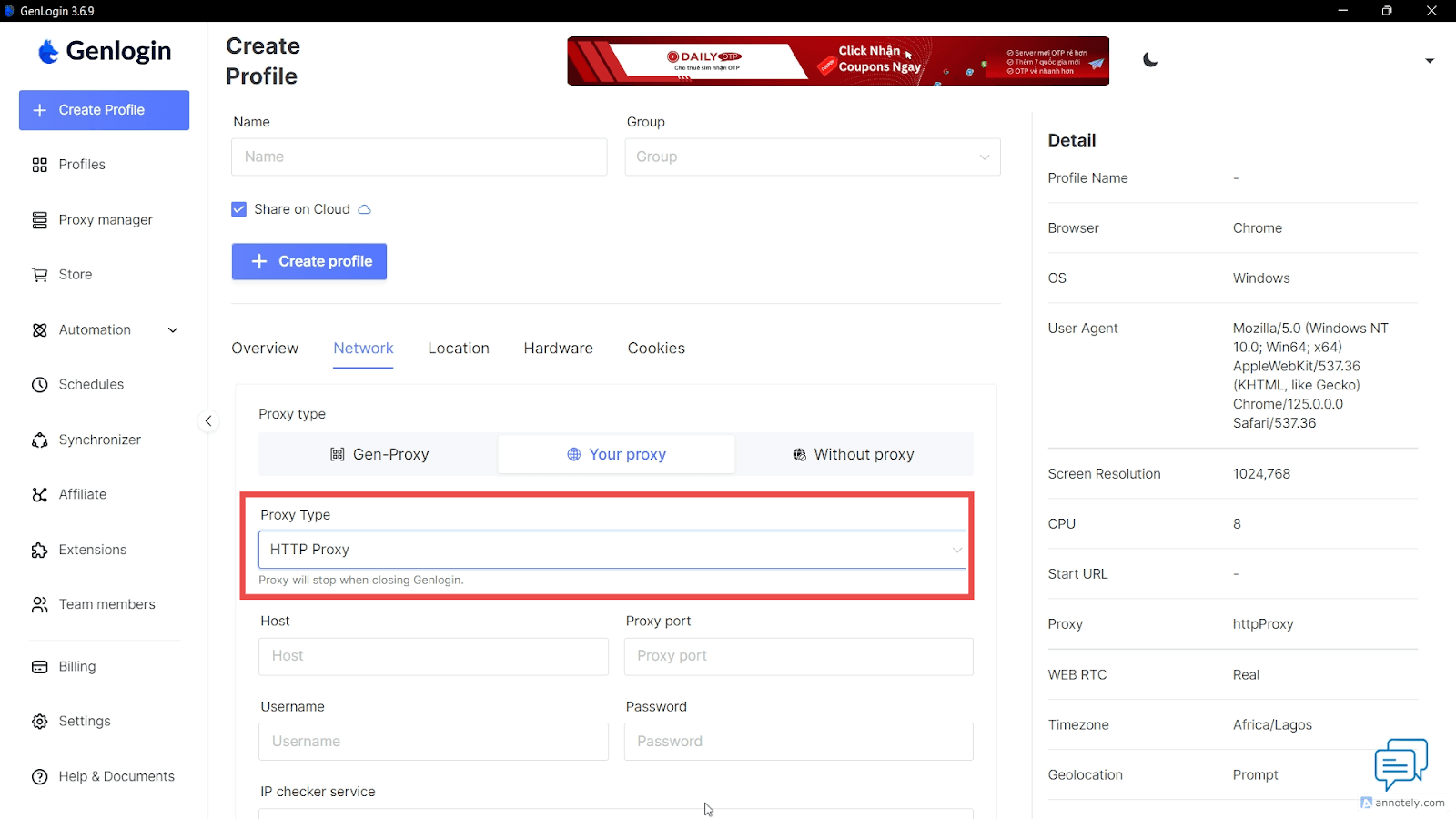 Форма настройки прокси в Genlogin с полями Host, Port, Username, Password и выбором протокола / Genlogin proxy configuration form with Host, Port, Username, Password fields and protocol selection