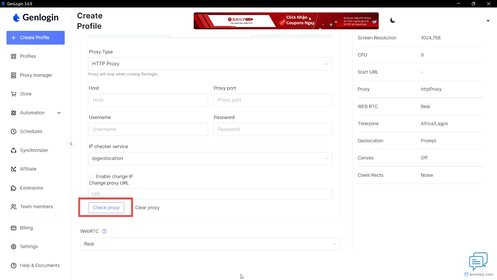 Проверка подключения через функцию Check Proxy в браузере Genlogin / Testing the proxy connection using the Check Proxy feature in Genlogin
