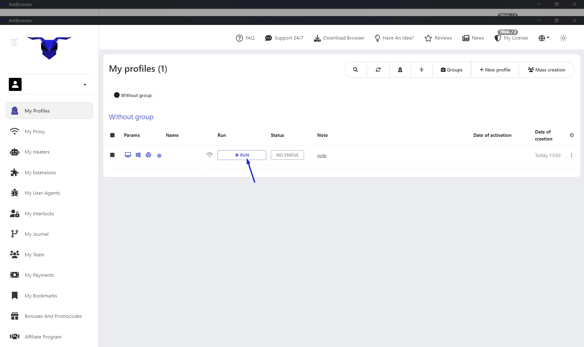 Сохраненный профиль AntBrowser с настроенным прокси, готовый к запуску / Saved AntBrowser profile with a configured proxy ready to launch