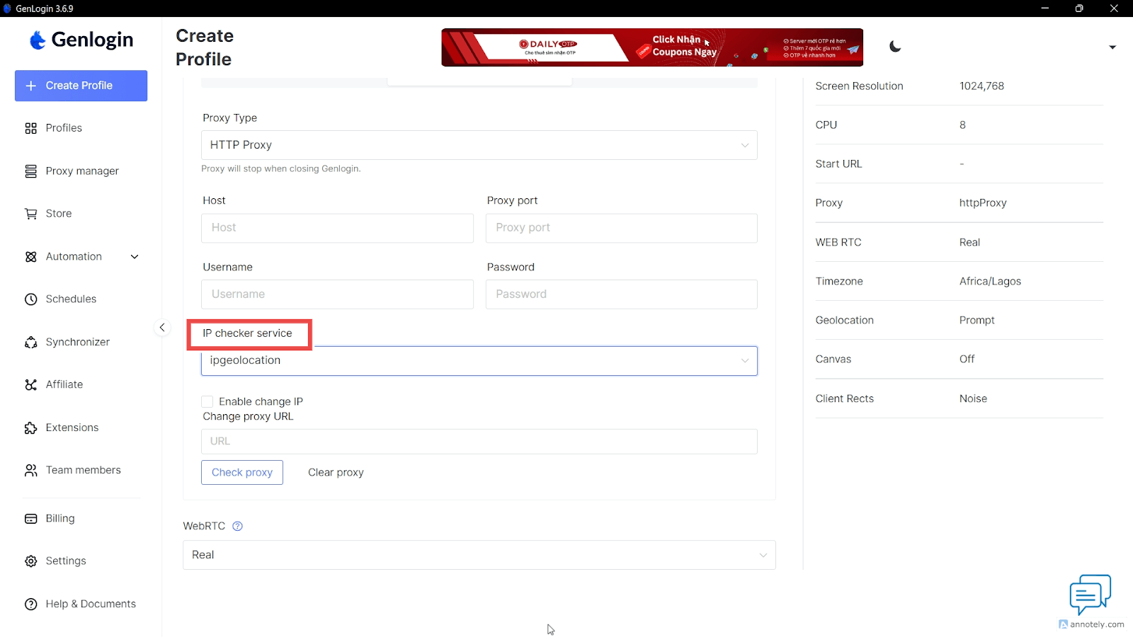 Настройки Genlogin с выбором сервиса для проверки IP-адреса / Genlogin settings showing the IP checking service selection