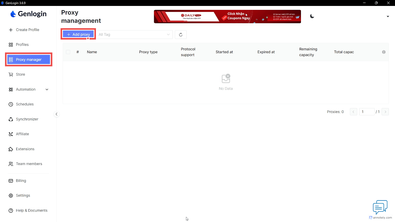 Раздел Proxy Manager в Genlogin с кнопкой Add Proxy / Genlogin Proxy Manager with the Add Proxy button