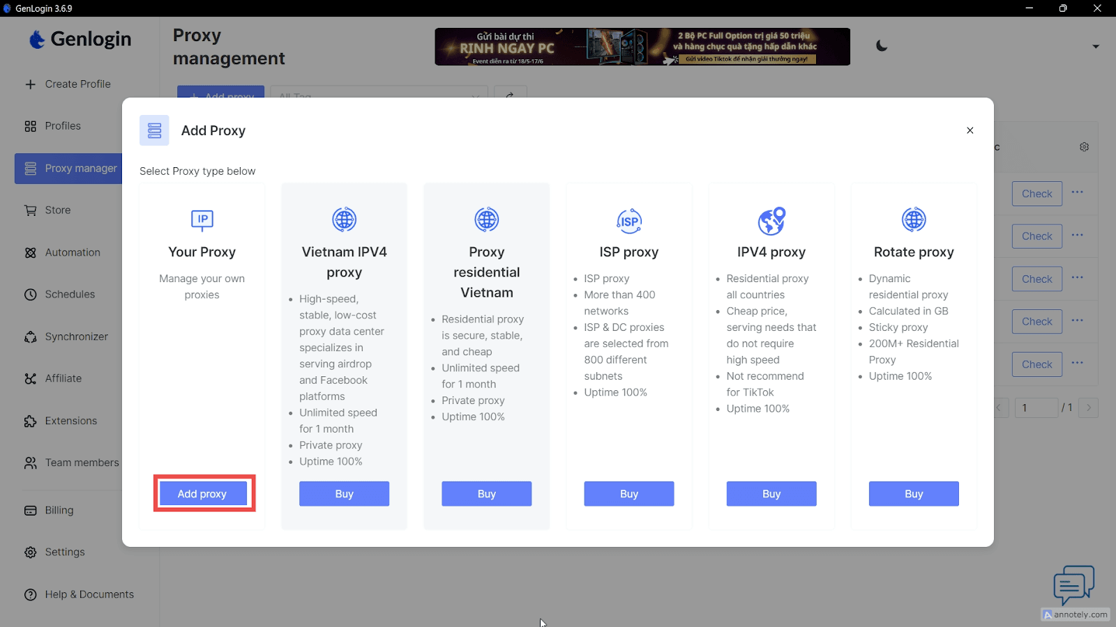 Окно пакетного импорта прокси в Genlogin с текстовым полем для вставки списка / Genlogin bulk proxy import window with a text field for pasting a proxy list