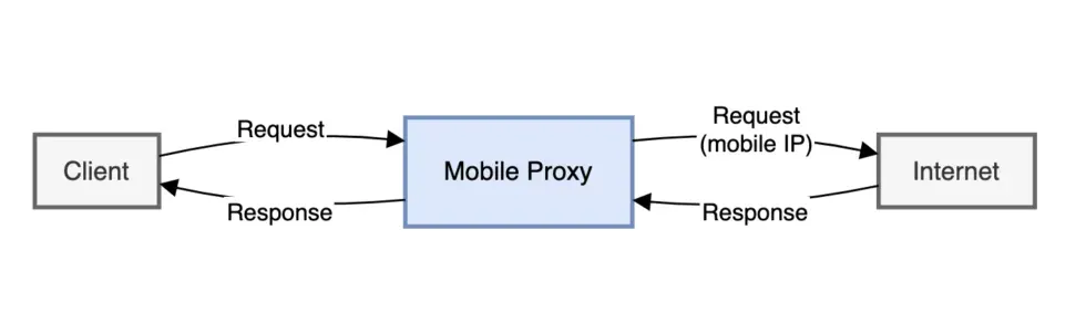 Схема маршрутизации трафика через мобильный прокси и сотовую сеть / Diagram of traffic routing through a mobile proxy and cellular network