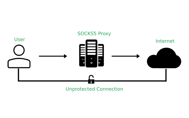 Схема передачи трафика через SOCKS5-прокси между клиентом и сервером / Diagram of traffic routed through a SOCKS5 proxy between a client and a server