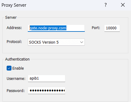 Строка подключения к прокси с выделенным хостом / Proxy connection string with the hostname highlighted