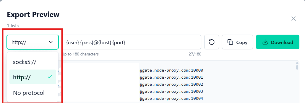 Выбор протокола HTTP или SOCKS5 при экспорте списка прокси в Node Proxy / Selecting HTTP or SOCKS5 when exporting a proxy list in Node Proxy
