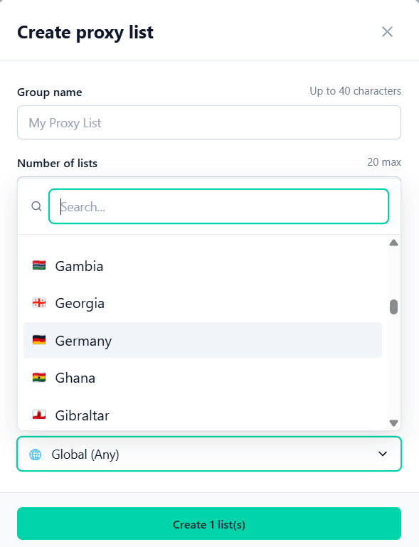 Выбор GEO при создании нового списка прокси в Node Proxy / Selecting a GEO location when creating a new proxy list in Node Proxy