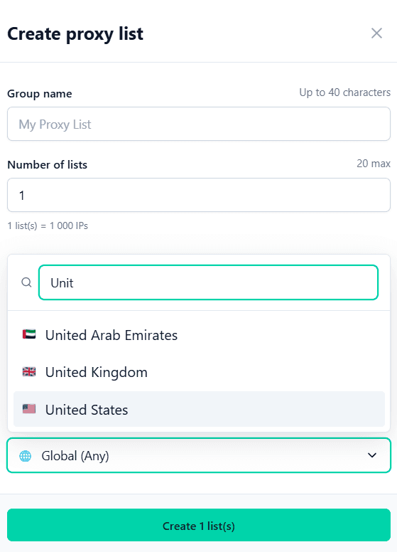 Выбор американского резидентского прокси в Node Proxy / Selecting a US residential proxy in Node Proxy