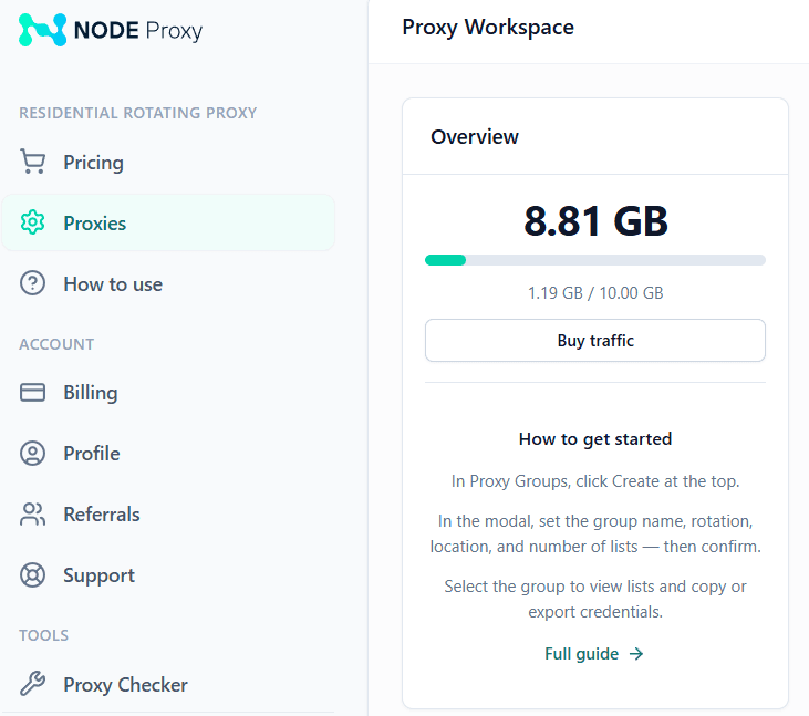 Интерфейс сайта Node Proxy для работы с резидентскими прокси / Node Proxy website interface for working with residential proxies