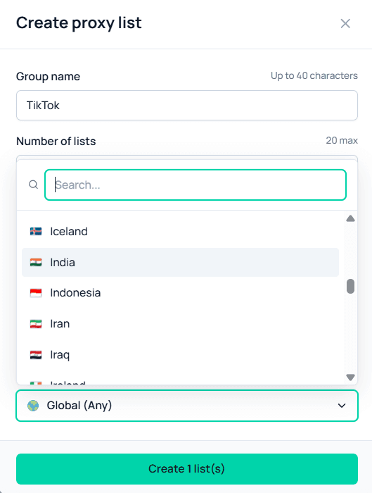 Выбор GEO региона прокси в панели Node Proxy / Choosing a proxy GEO location in the Node Proxy panel