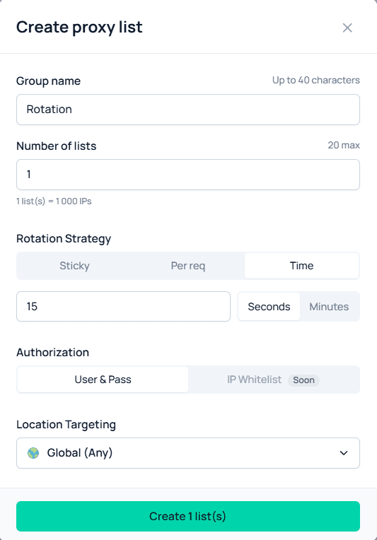 Настройка ротации прокси при создании списка в Node Proxy / Configuring proxy rotation when creating a list in Node Proxy