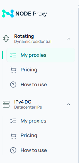 Выбор резидентских и датацентровых прокси на сайте Node Proxy / Choosing residential and datacenter proxies on the Node Proxy website