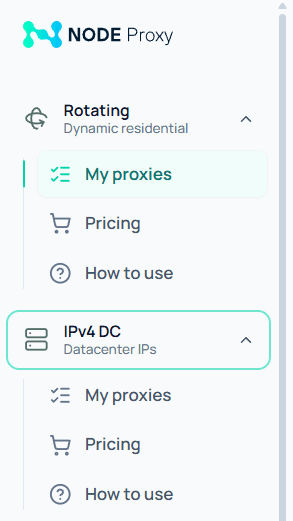Раздел выбора резидентских и дата-центровых прокси в панели Node Proxy / Section for choosing residential and datacenter proxies in the Node Proxy panel