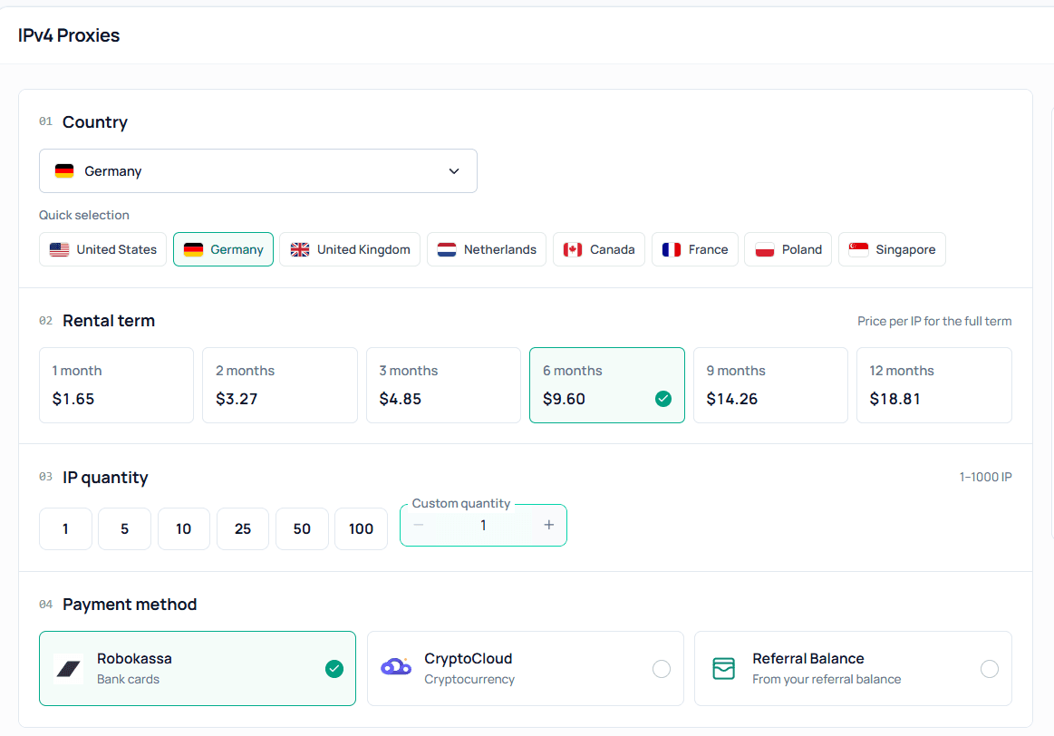 Выбор GEO, количества IP и срока аренды дата-центровых IPv4-прокси Node Proxy / Selecting GEO, IP quantity and rental period for Node Proxy datacenter IPv4 proxies