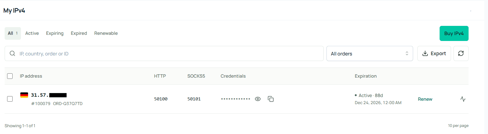 Данные статического IPv4-прокси Node Proxy с IP, портом, логином и паролем / Node Proxy static IPv4 proxy details with IP address, port, username and password