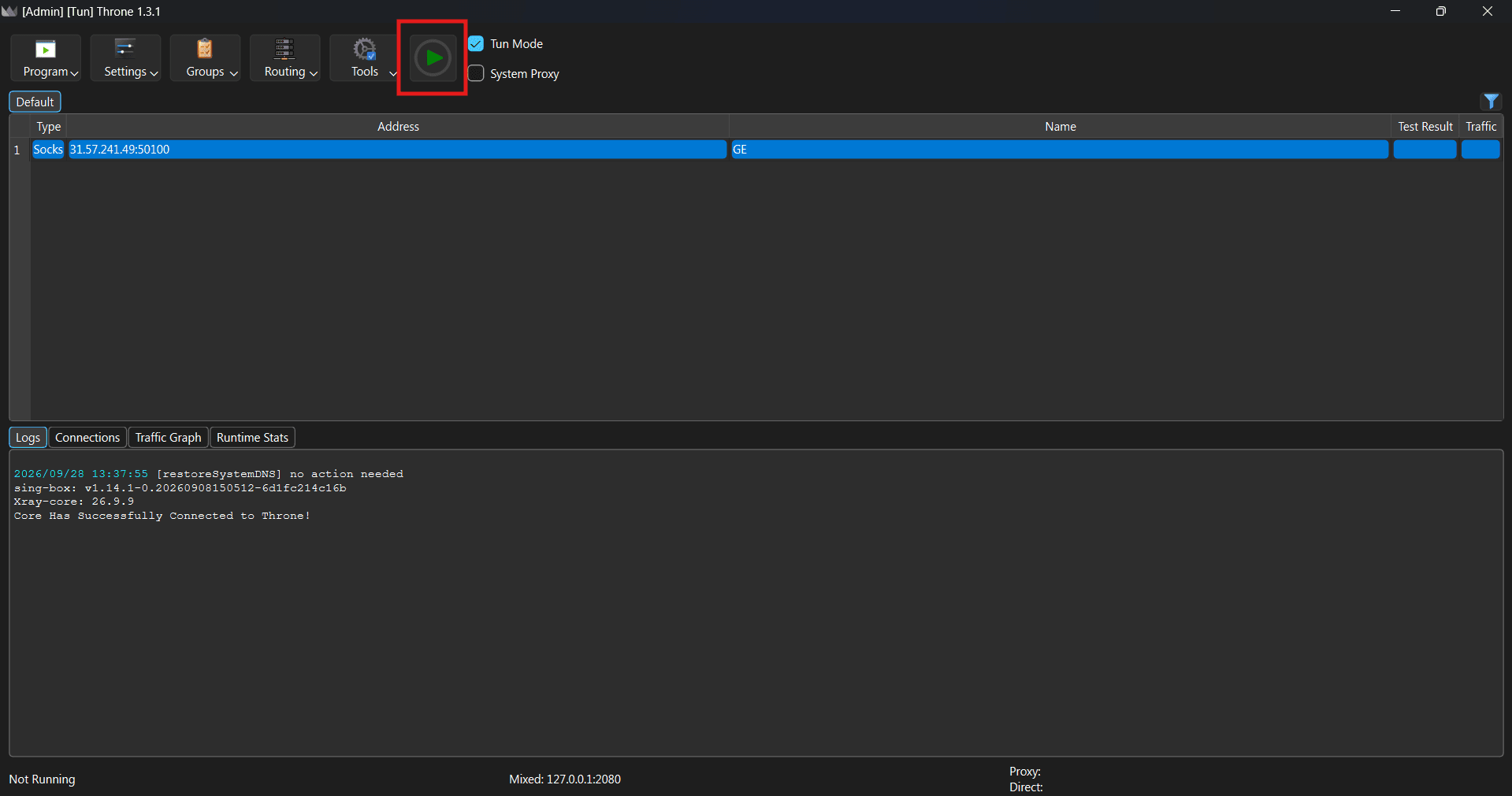 Запущенный прокси-профиль Throne с системным прокси на Windows / Running Throne proxy profile with system proxy on Windows