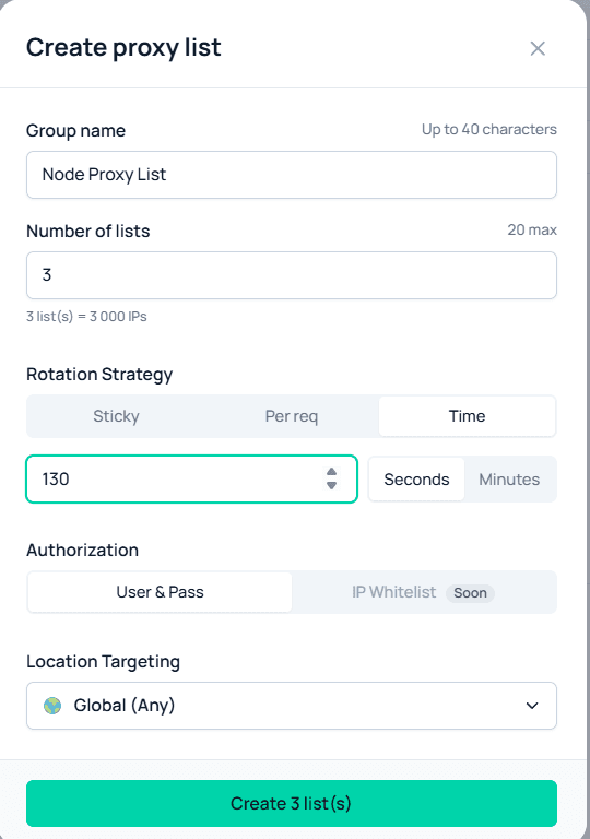 Configuring proxy rotation when creating a residential proxy list in Node Proxy / Настройка ротации прокси при создании списка резидентских прокси в Node Proxy