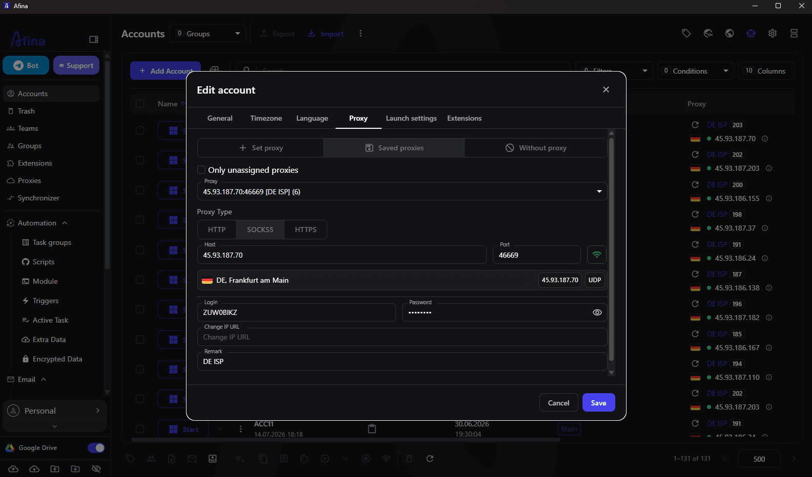 Selecting a saved proxy for a specific Afina profile