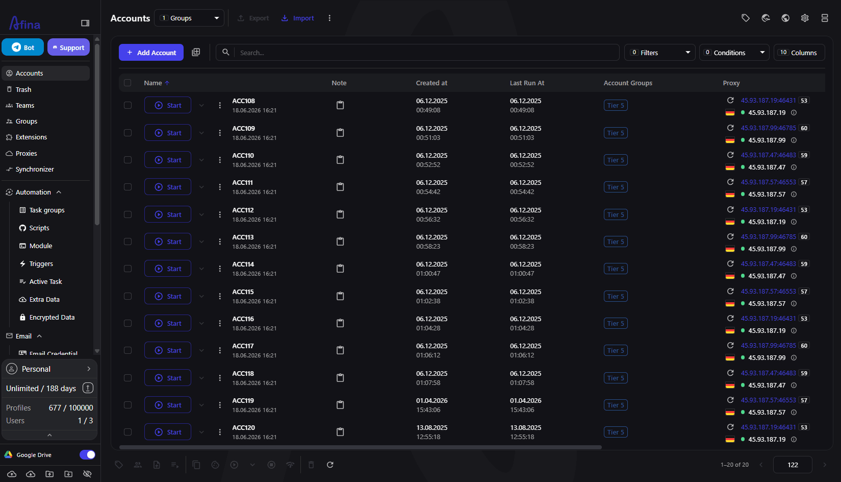 Afina account list with assigned proxies
