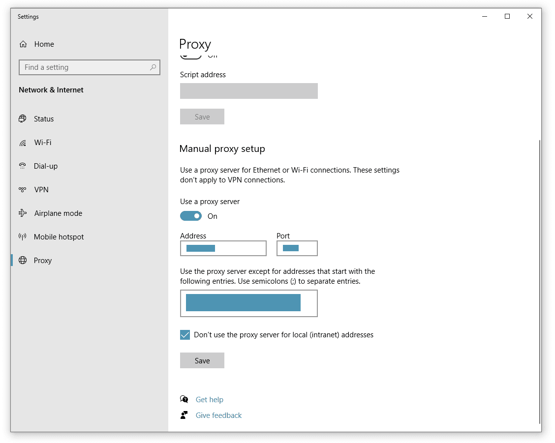 Системное окно настроек прокси Windows с параметрами ручного подключения / Windows system proxy settings with manual proxy configuration options