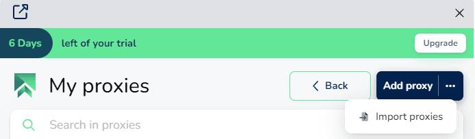 Меню управления прокси SessionBox One с функцией импорта списка прокси / SessionBox One proxy management menu with the proxy list import option