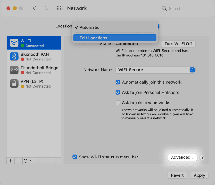 Расширенные сетевые настройки macOS для выбранного подключения Wi-Fi или Ethernet / Advanced macOS network settings for the selected Wi-Fi or Ethernet connection