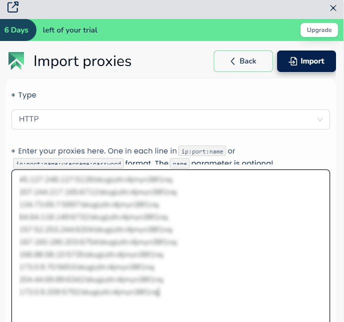 Окно импорта SessionBox One со списком прокси, готовым к загрузке / SessionBox One import window with a proxy list ready to be uploaded