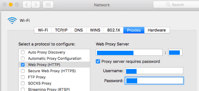 кладка Proxies в сетевых настройках macOS с параметрами HTTP, HTTPS, FTP и SOCKS / Proxies tab in macOS network settings with HTTP, HTTPS, FTP, and SOCKS options
