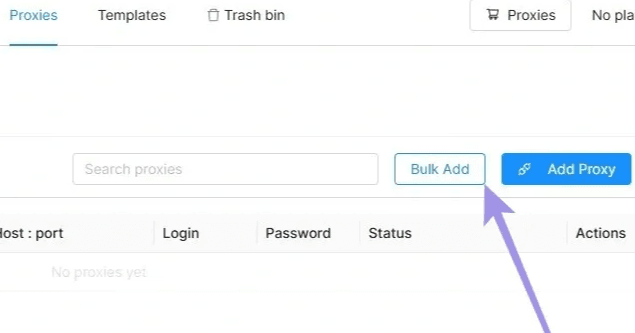 Раздел Proxies в Octo Browser с открытой функцией Bulk Add для пакетного импорта / Proxies section in Octo Browser with the Bulk Add feature for bulk import