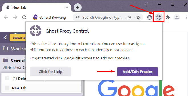 Ghost Proxy Control в Ghost Browser с открытым разделом Add/Edit Proxies для управления подключениями / Ghost Proxy Control in Ghost Browser with the Add/Edit Proxies section open for managing proxy connections