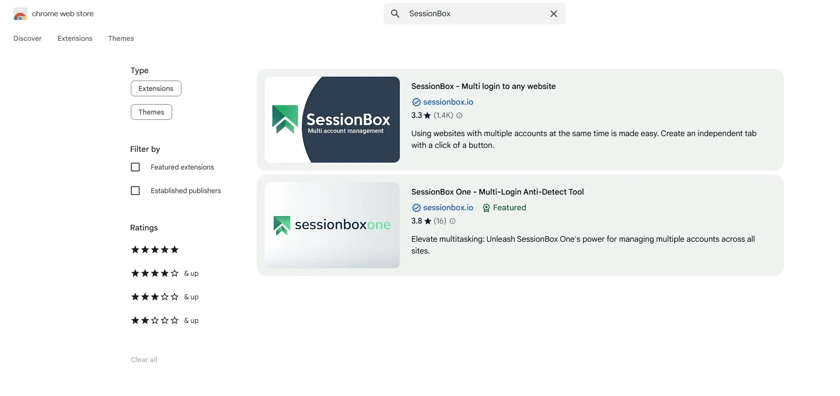 Chrome Web Store со страницей расширения SessionBox One / Chrome Web Store page featuring the SessionBox One extension