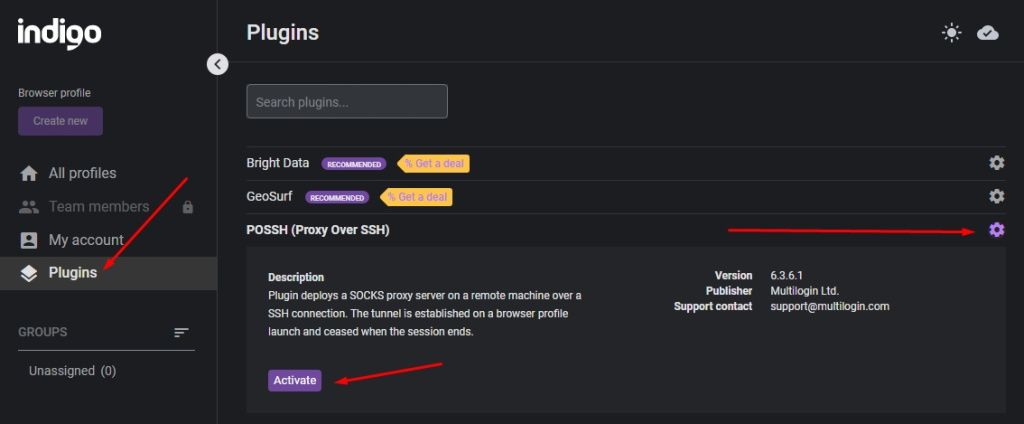 Главное окно Indigo Browser с разделом управления профилями и меню Plugins / Indigo Browser main window with the profile management section and Plugins menu