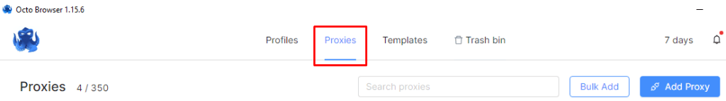 Раздел Proxies в интерфейсе Octo Browser с менеджером сохраненных прокси / Proxies section in the Octo Browser interface with the saved proxy manager