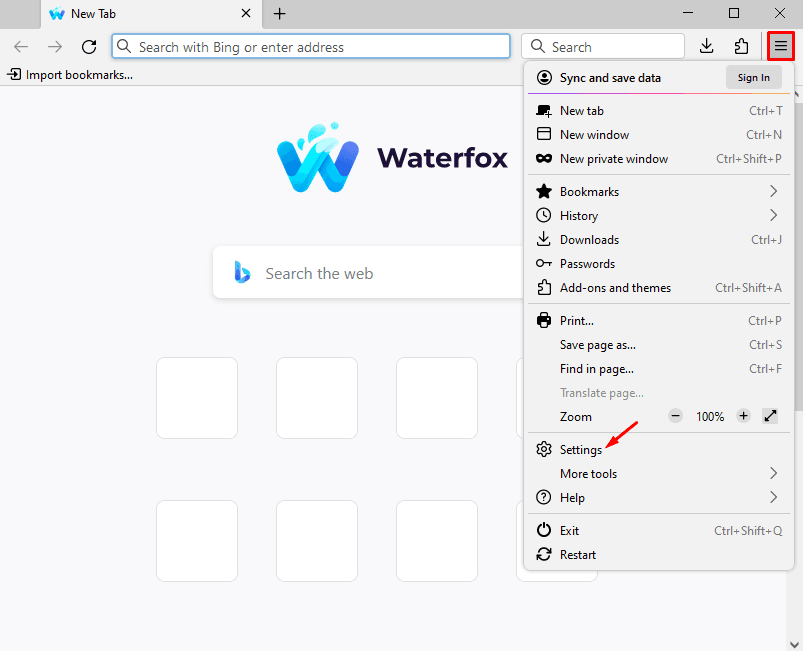 Главное меню Waterfox с открытым пунктом Settings / Waterfox main menu with the Settings option open