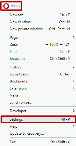 Меню Opera с открытым разделом «Настройки» / Opera menu with the Settings section open
