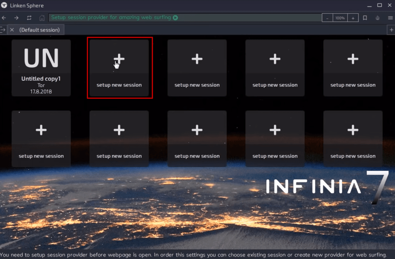 Главное окно Linken Sphere с интерфейсом создания новой сессии / Linken Sphere main window with the new session creation interface