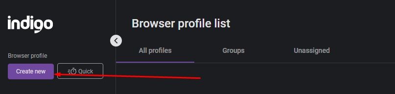 Окно создания нового браузерного профиля в Indigo Browser / Indigo Browser window for creating a new browser profile