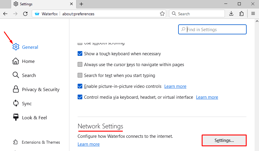Раздел General в настройках Waterfox с блоком Network Settings и кнопкой Settings / General section in Waterfox settings with the Network Settings block and Settings button