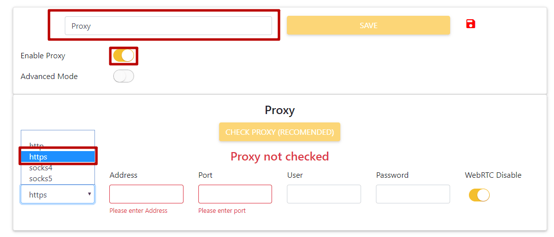 Включение использования прокси и выбор протокола подключения в Aezakmi Browser / Enabling proxy usage and selecting the connection protocol in Aezakmi Browser