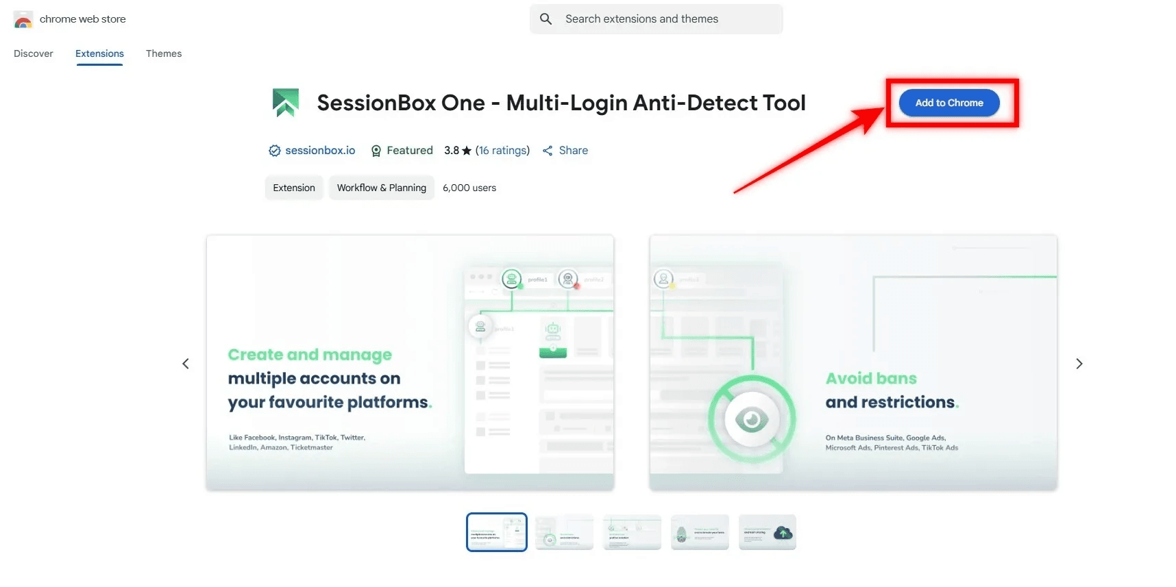 Страница расширения SessionBox One в Chrome с кнопкой установки / SessionBox One extension page in Chrome with the installation button