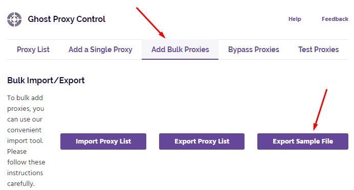 Меню Ghost Proxy Control с функцией Add Bulk Proxies и кнопкой Export Sample File для загрузки шаблона / Ghost Proxy Control menu with Add Bulk Proxies and Export Sample File options for downloading a template