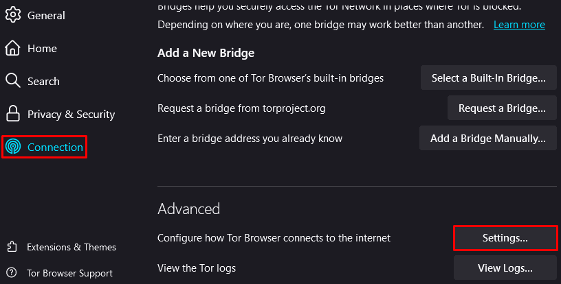 Расширенные сетевые настройки Tor Browser с кнопкой Settings для настройки прокси / Tor Browser advanced network settings with the Settings button for proxy configuration